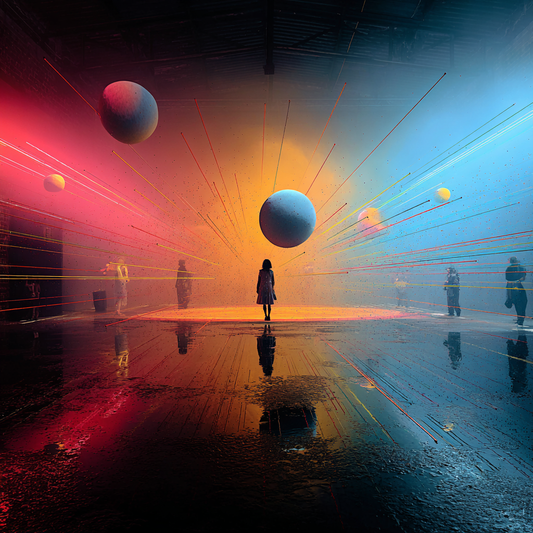 Moderne Lichtinstallation mit schwebenden Planeten und farbigen Strahlen in einer großen Halle, mit einer Person im Zentrum.