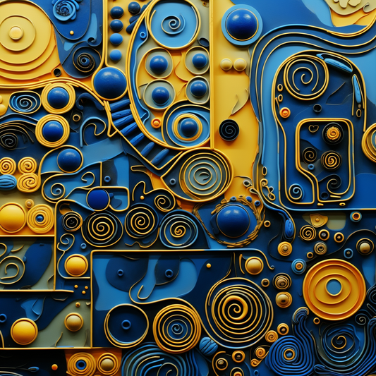 Abstrakte geometrische Komposition aus blauen und goldenen Kreisen, Spiralen und Linien.