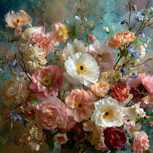 Florales Stillleben mit zarten Blüten in Rosé, Creme und Weiß vor malerischem Hintergrund.