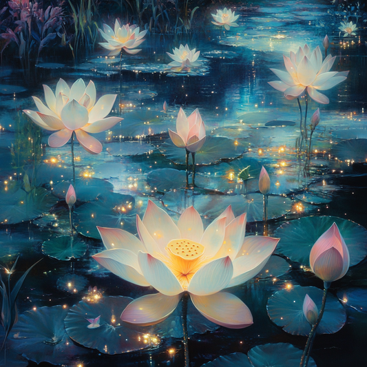 Leuchtende Lotusblüten in einem nächtlichen Teich mit schimmerndem Licht auf dem Wasser.