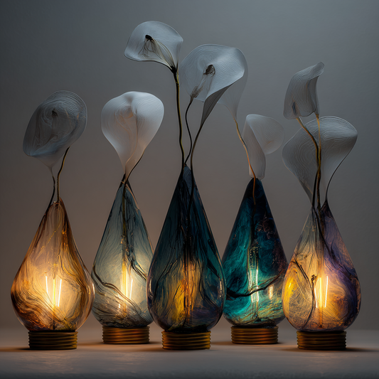 Abstraktes Stillleben aus leuchtenden Glasformen mit floralen Blütenelementen.