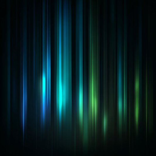 Abstrakte vertikale Lichtlinien in Blau- und Grüntönen vor dunklem Hintergrund.