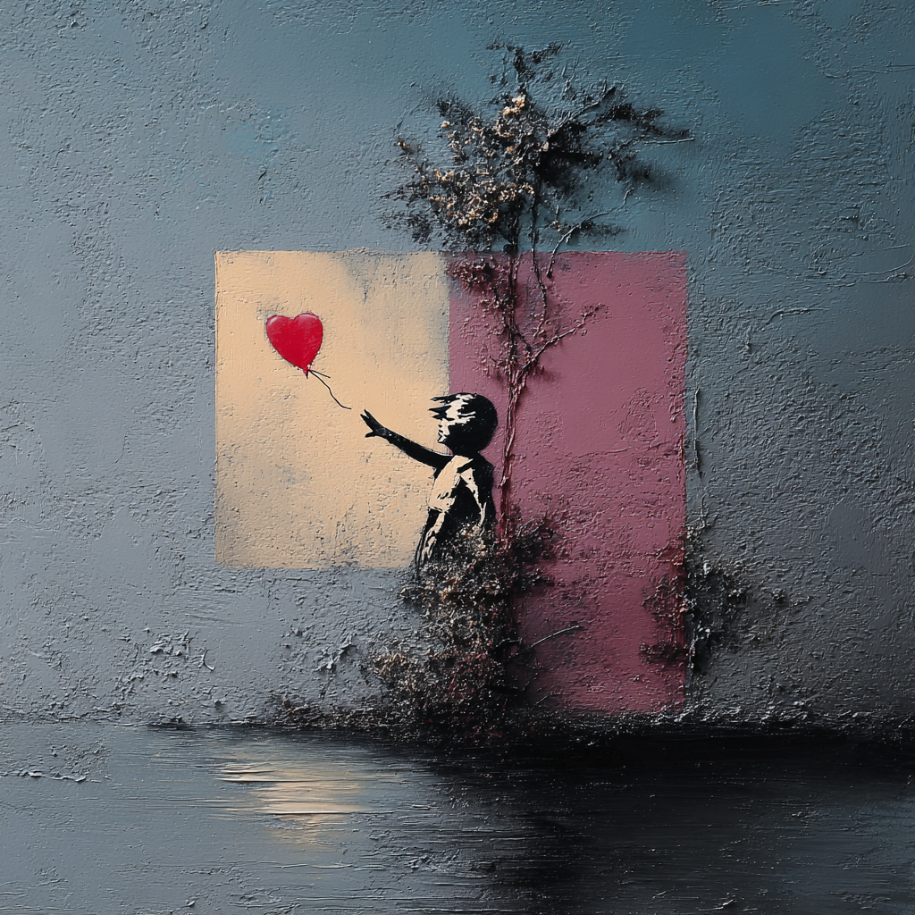 Symbolisches Street-Art-Motiv eines Kindes, das einen roten Herzballon loslässt, vor strukturierter Wand mit Spiegelung im Wasser