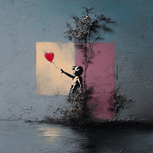 Symbolisches Street-Art-Motiv eines Kindes, das einen roten Herzballon loslässt, vor strukturierter Wand mit Spiegelung im Wasser