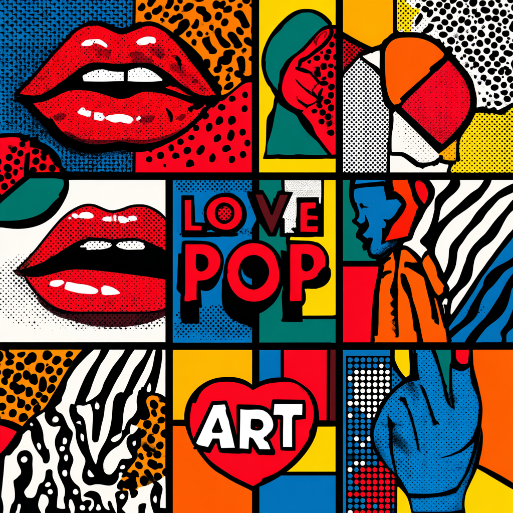 Pop-Art-Collage mit Lippen, Händen, Herzen und Schriftzug LOVE POP ART in kräftigen Farben.
