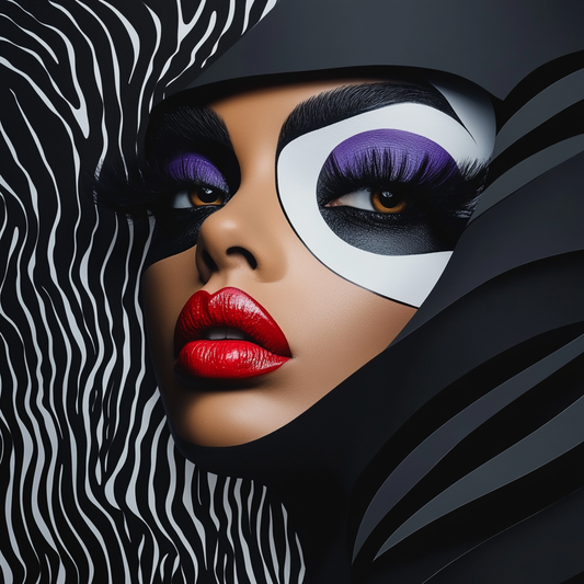 Modernes Frauenporträt mit grafischer Maske, violettem Augen-Make-up und roten Lippen in kontrastreichem Schwarz-Weiß-Design.
