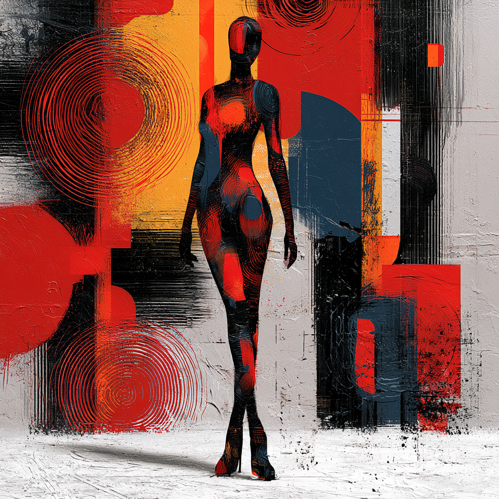 Abstrahierte weibliche Figur zwischen roten, schwarzen und orangefarbenen geometrischen Formen