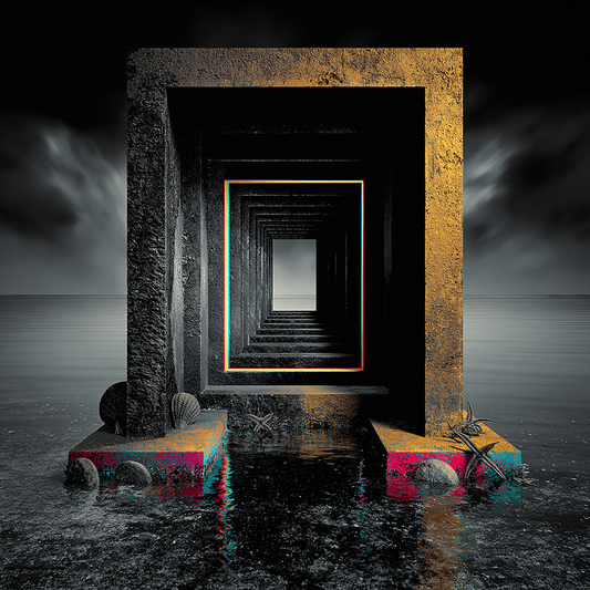 Verschachtelte schwarze und goldene Tore auf einer spiegelnden Wasserfläche vor stillem Horizont