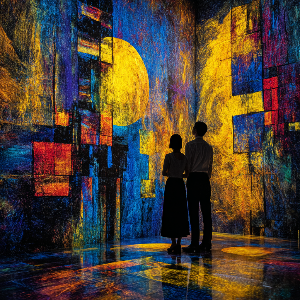 Silhouette eines Paares vor einer leuchtenden abstrakten Wand aus Blau, Gelb, Rot und geometrischen Formen