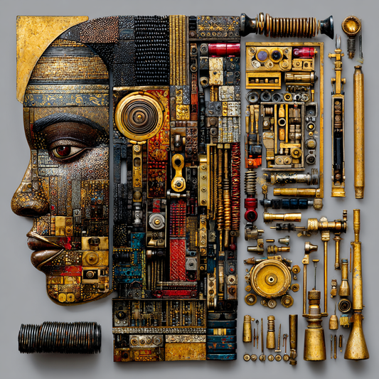 Menschliches Profil aus goldenen, schwarzen und roten mechanischen Bauteilen auf grauem Hintergrund