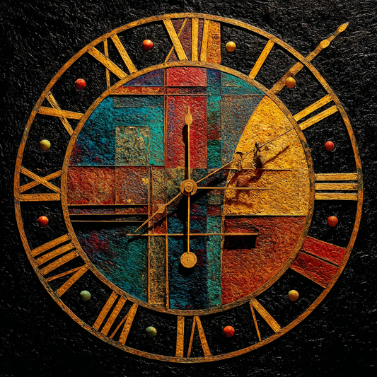 Abstrakte goldene Uhr mit römischen Ziffern und farbigen geometrischen Flächen auf schwarzem Grund