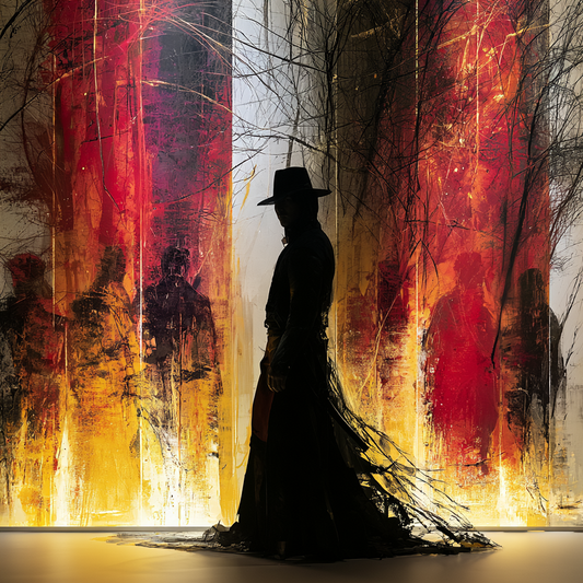 Silhouette eines Mannes mit Hut in roter abstrakter Stadtlandschaft