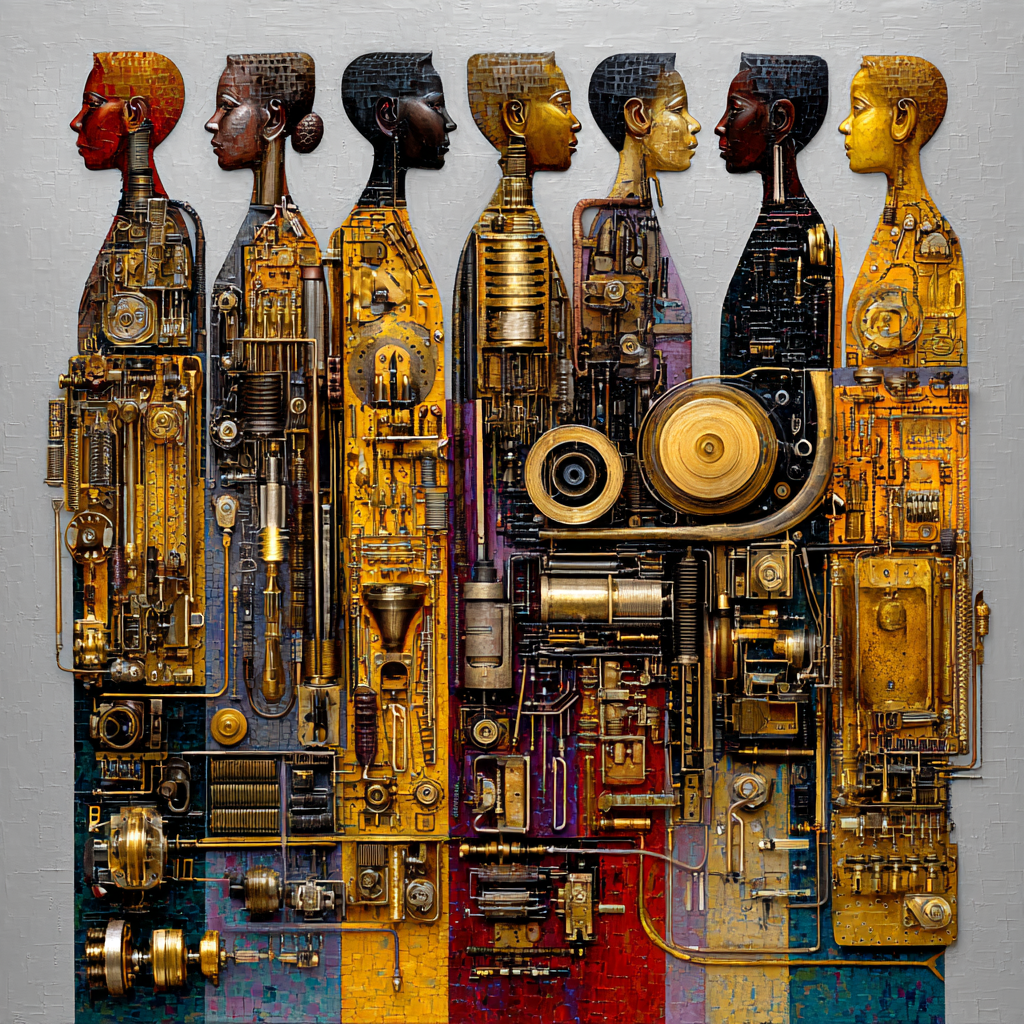Sieben stilisierte Steampunk-Figuren in Gold Kupfer Rot und Schwarz