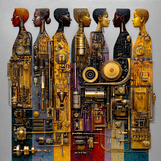Sieben stilisierte Steampunk-Figuren in Gold Kupfer Rot und Schwarz