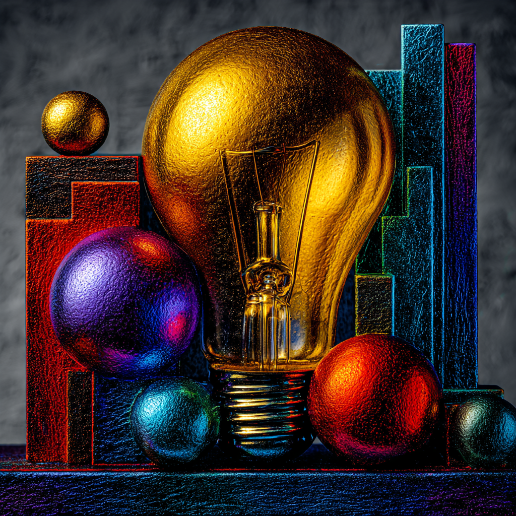 Goldene Glühbirne mit farbigen Kugeln und geometrischen Formen