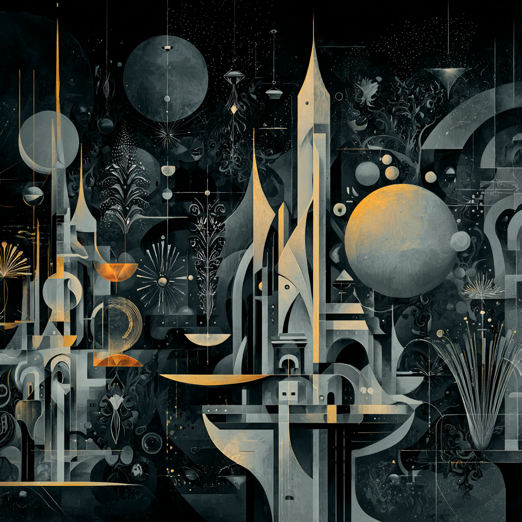 Fantasievolle kosmische Stadt mit Türmen Planeten und Ornamenten