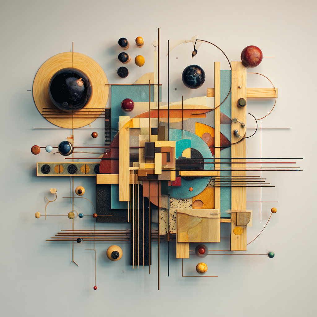 Geometrische Konstruktion aus Holzformen Linien und planetenartigen Kugeln