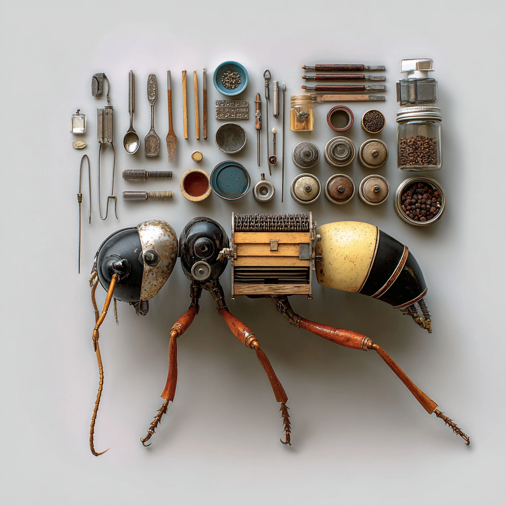 Mechanische Sammlerin – quadratische digitale Kunst mit Insekt, Mechanik, Erfindung