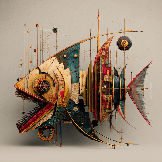 Maschine des Meeres – quadratische digitale Kunst mit Fisch, Mechanik, Meer