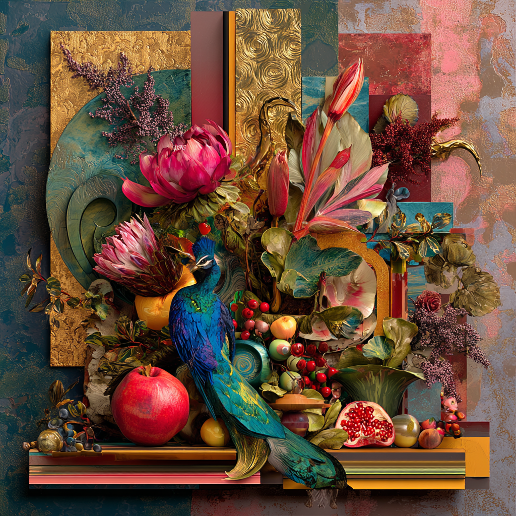Stillleben mit Pfau, Blumen und Früchten in opulenter, goldbetonter Komposition.
