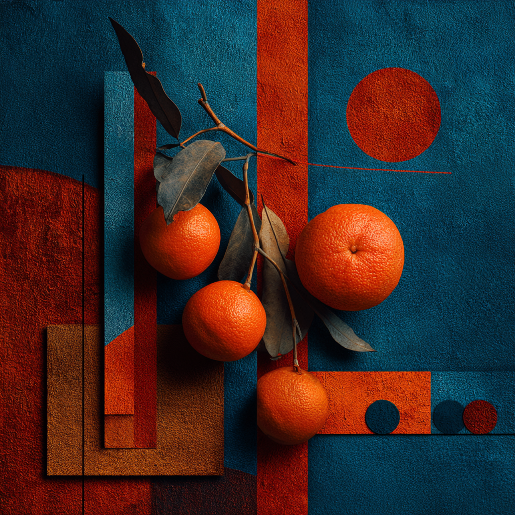 Symbolisches Stillleben mit Orangen, Zweigen und geometrischen Formen in Blau und Orange, Darstellung von Ordnung, Balance und Natur.