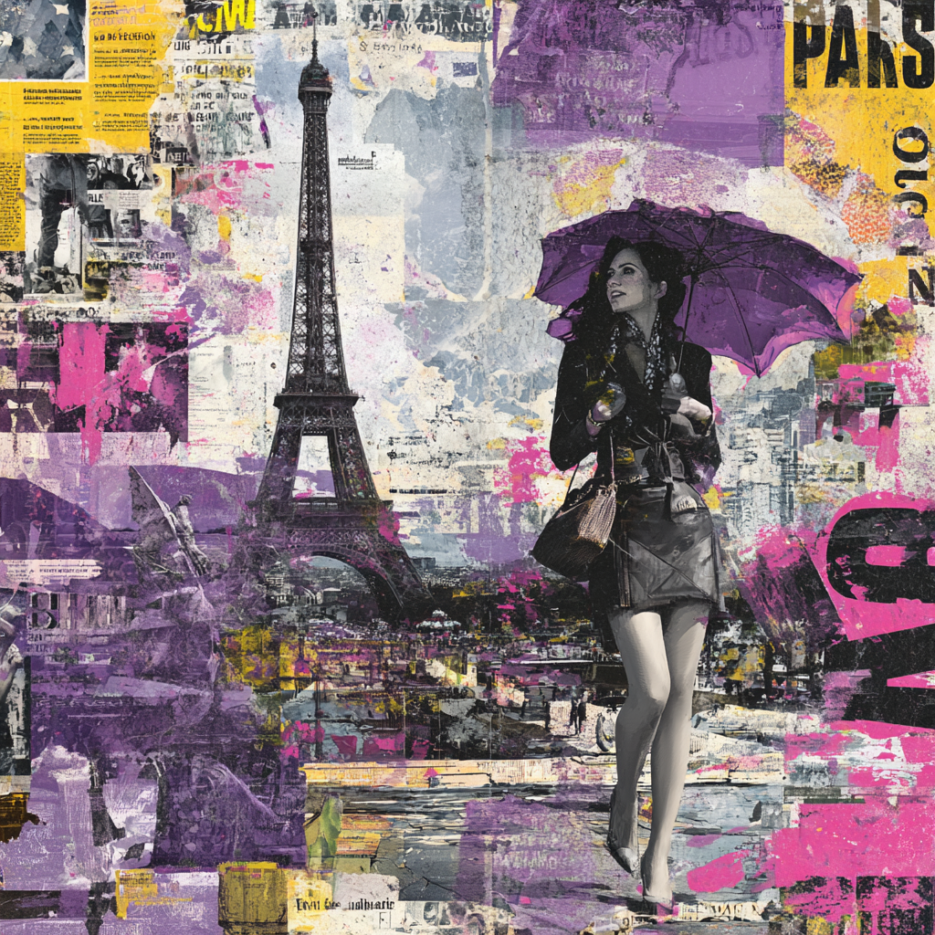 Frau mit violettem Regenschirm vor dem Eiffelturm in einer farbintensiven Paris-Collage.