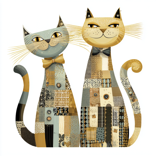 Stilisiertes Katzenpaar mit Körpern aus Patchworkmustern in Beige, Gold und Grau, eine Katze mit Schleife, die andere mit Fliege.