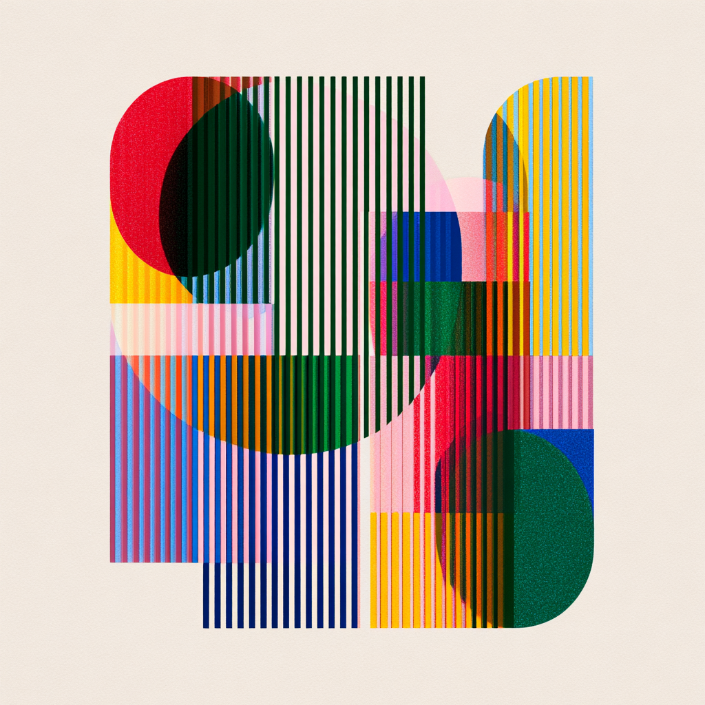 Abstrakte grafische Komposition aus geometrischen Formen, farbigen Flächen und vertikalen Linien.