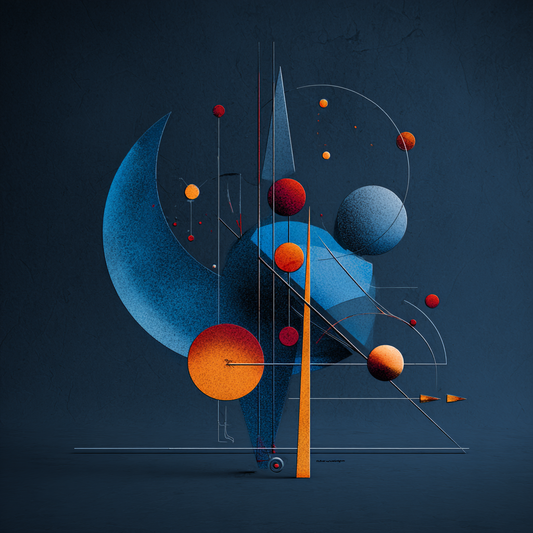 Abstrakte symbolische Komposition mit geometrischen Formen, Kreisen und Linien in Blau und Orange, Darstellung von Rhythmus, Ordnung und kosmischer Balance.