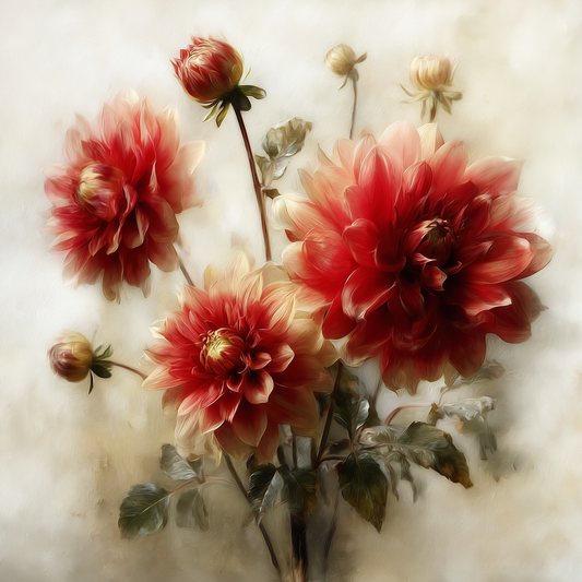 Rote Dahlienblüten mit Knospen und grünen Blättern vor hellem Hintergrund in malerischem Stil.