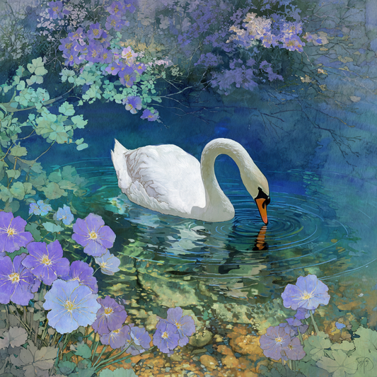 Weißer Schwan in einem klaren See, umgeben von violetten Blüten und spiegelndem Wasser.