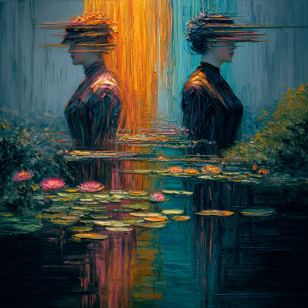 Symbolisches Kunstwerk mit zwei weiblichen Figuren im Spiegelbild über Wasser, getrennt durch Licht und Farbkontraste.