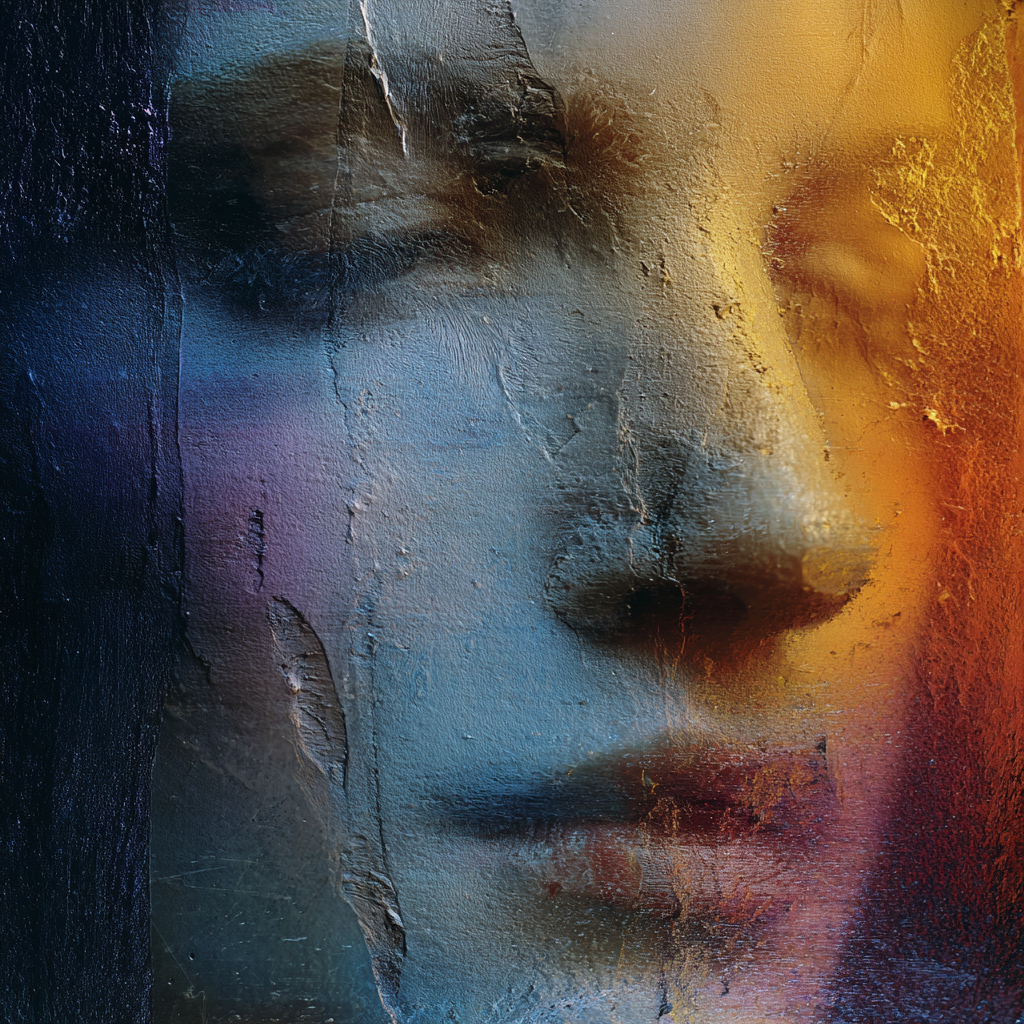 Ruhig-symbolisches Kunstwerk mit fragmentarischem Gesicht, vielschichtiger Textur und kühler Farbpalette mit warmen Akzenten.