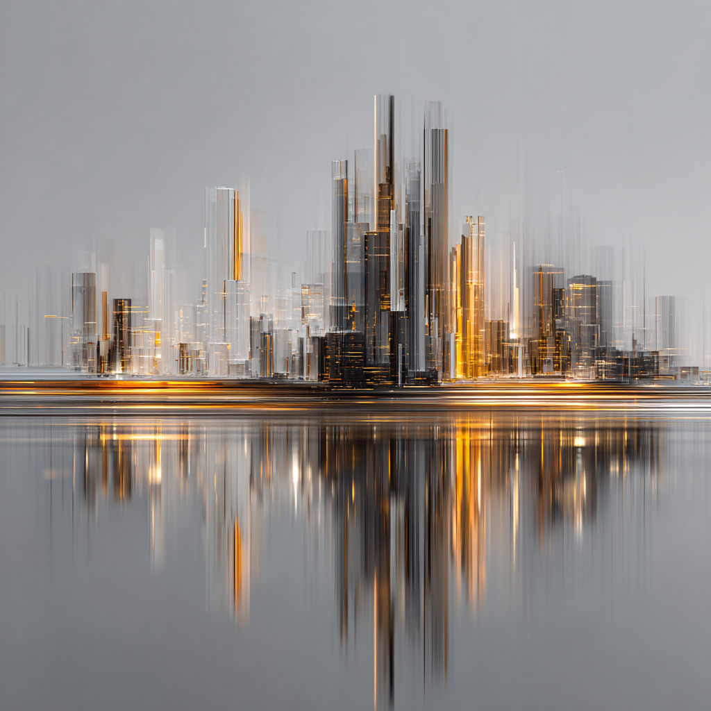 Abstrakte moderne Skyline mit goldenen Lichtakzenten und Spiegelung im Wasser.