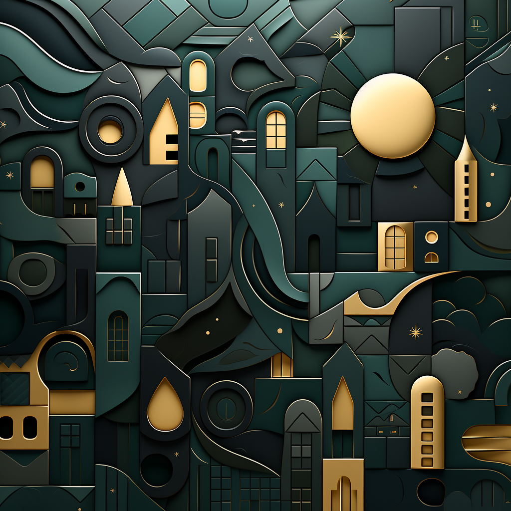 Abstrakte nächtliche Stadtlandschaft aus geometrischen Formen in Blaugrün und Gold mit Mond und leuchtenden Fenstern.