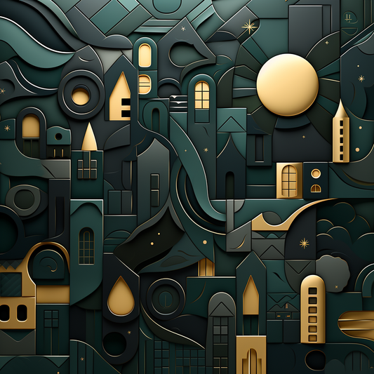Abstrakte nächtliche Stadtlandschaft aus geometrischen Formen in Blaugrün und Gold mit Mond und leuchtenden Fenstern.