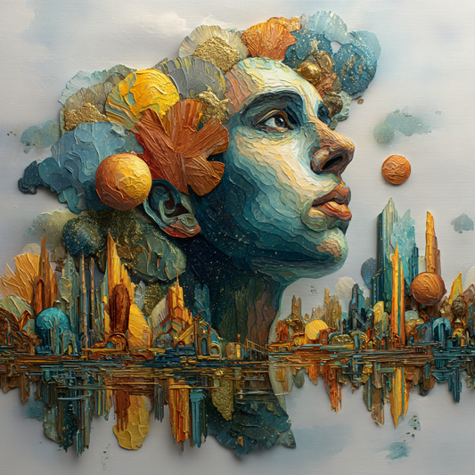 Surreales Porträt eines menschlichen Profils, aus dessen Kopf eine futuristische Stadtlandschaft wächst und sich im Wasser spiegelt