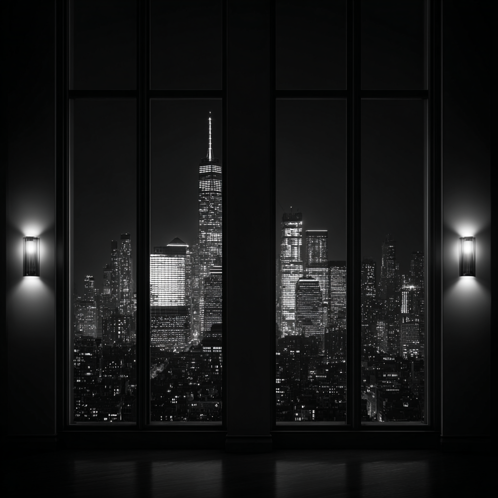 Nächtliche Skyline durch große Fensterfront in Schwarzweiß mit beleuchteten Hochhäusern.