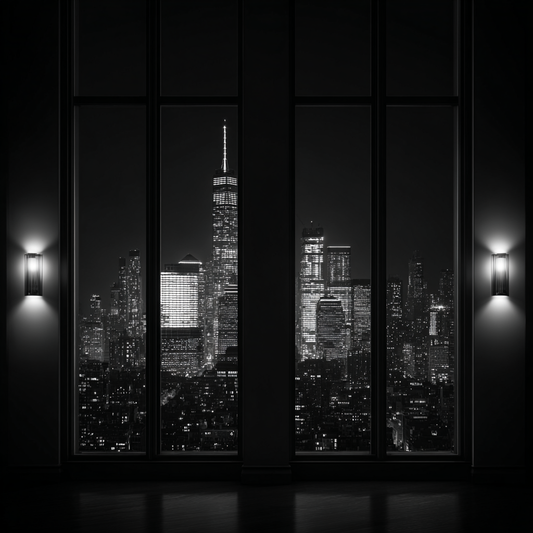 Nächtliche Skyline durch große Fensterfront in Schwarzweiß mit beleuchteten Hochhäusern.