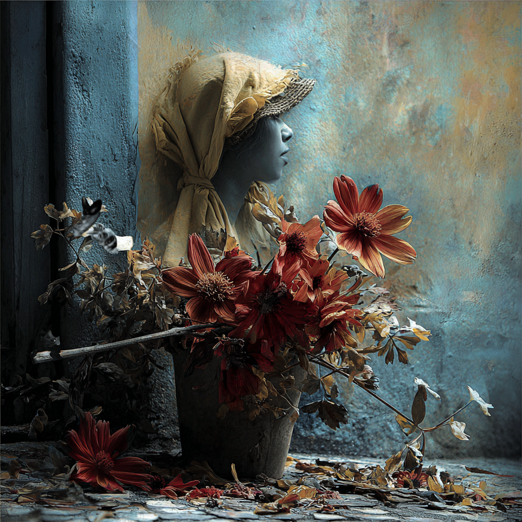 Seitliches Frauenporträt mit roten Blumen vor türkisfarbener Wand in poetischer Stimmung.