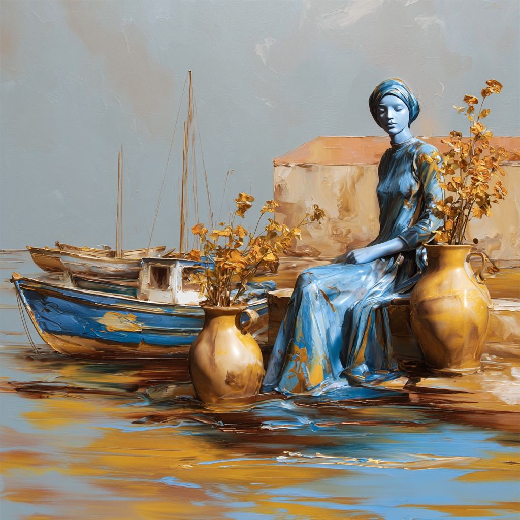 Sitzende Frau in blauem Kleid am Kai mit Booten, goldenen Pflanzen und ruhiger Wasserfläche in malerischem Stil.
