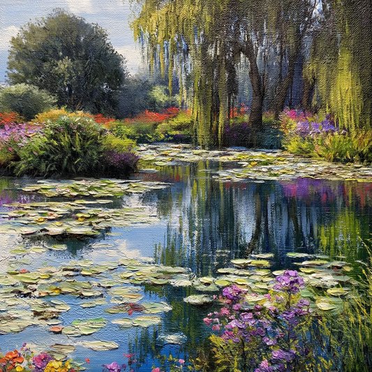 Impressionistische Gartenlandschaft mit Seerosenteich, Trauerweide und farbenreichen Blumen am Wasser.