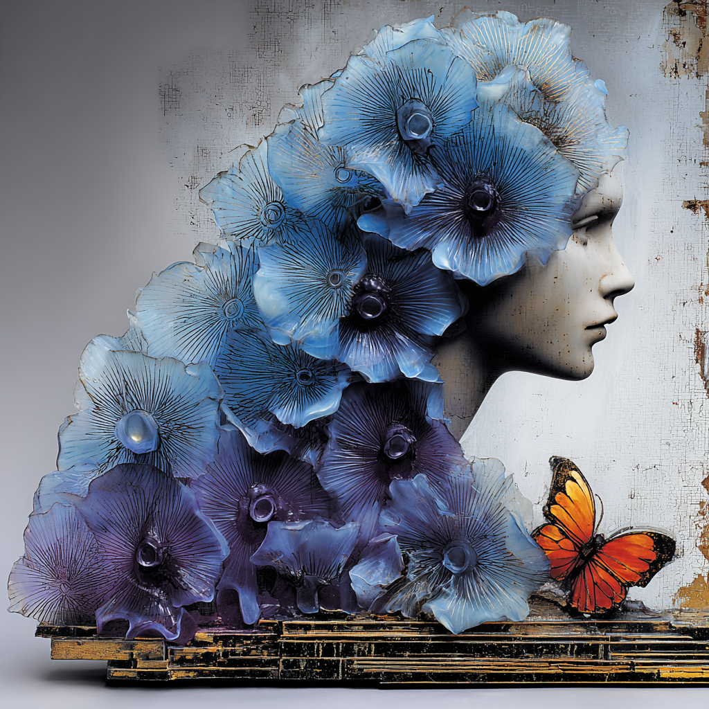 Poetisches florales Porträt mit weiblichem Profil, blauen Blüten und einem orangefarbenen Schmetterling als Symbol für innere Ruhe und Transformation.