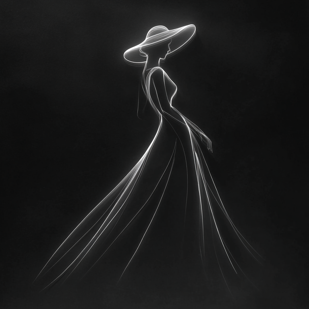 Minimalistische Silhouette einer eleganten Frau mit großem Hut und fließendem Kleid aus leuchtenden Linien auf schwarzem Hintergrund.
