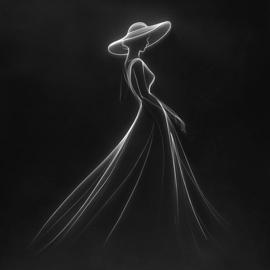 Minimalistische Silhouette einer eleganten Frau mit großem Hut und fließendem Kleid aus leuchtenden Linien auf schwarzem Hintergrund.