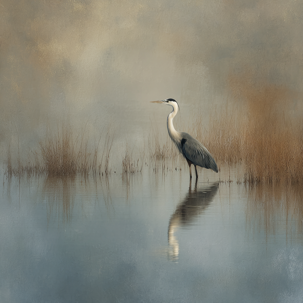 Graureiher steht im flachen Wasser eines nebligen Sees mit Spiegelung und Schilf im Hintergrund.