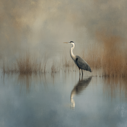 Graureiher steht im flachen Wasser eines nebligen Sees mit Spiegelung und Schilf im Hintergrund.