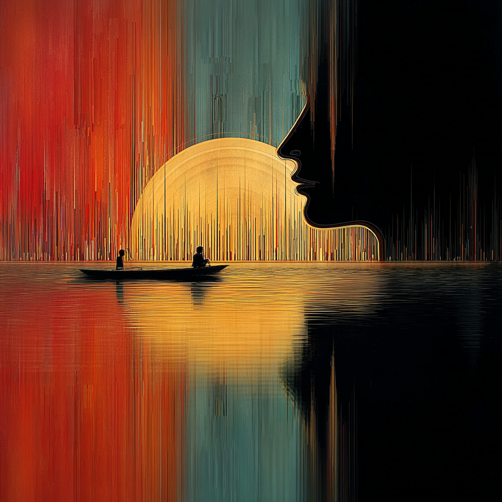 Symbolische Szene mit Boot auf Wasser, goldenem Licht und abstraktem Gesichtsprofil im Hintergrund.