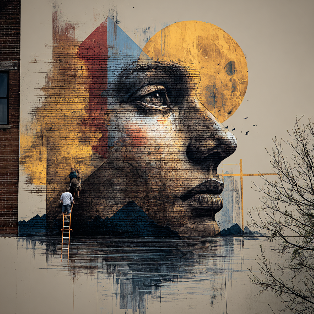 Großes Street-Art-Gesicht im Profil auf einer Backsteinwand mit geometrischen Formen in Blau und Gold, zwei Menschen arbeiten auf einer Leiter am Wandbild, symbolische urbane Kunst.