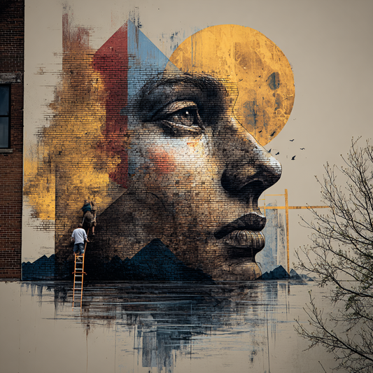 Großes Street-Art-Gesicht im Profil auf einer Backsteinwand mit geometrischen Formen in Blau und Gold, zwei Menschen arbeiten auf einer Leiter am Wandbild, symbolische urbane Kunst.